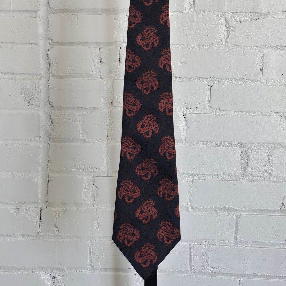 Vintage Burton London Paris Geometric Paisley Silk Necktie - Black Blue Orange